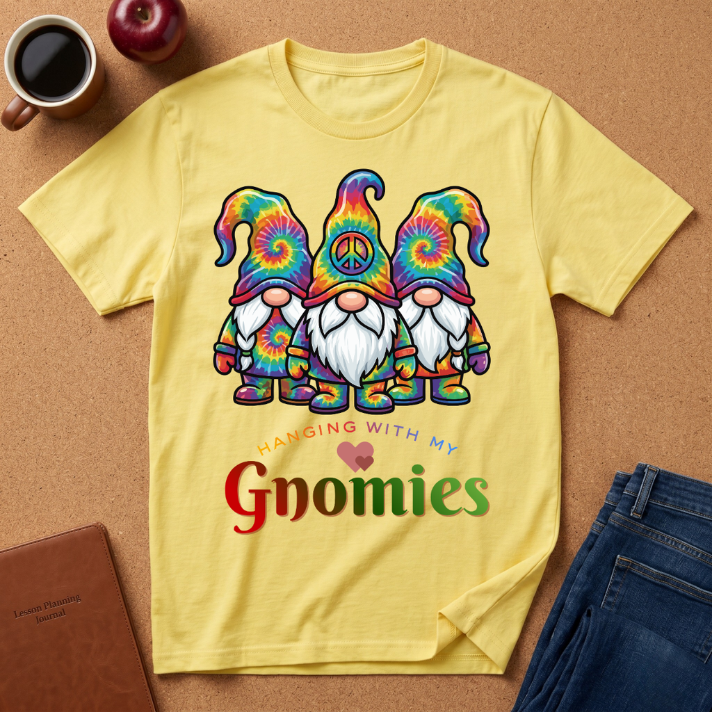 Cornsilk Light Yellow t-shirt says Haning with my Gnomies with 3 cartoon style cute gnome characters wearing tye dyed clothes and hats.  