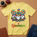 Cornsilk Light Yellow t-shirt says Haning with my Gnomies with 3 cartoon style cute gnome characters wearing tye dyed clothes and hats.  