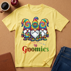 Cornsilk Light Yellow t-shirt says Haning with my Gnomies with 3 cartoon style cute gnome characters wearing tye dyed clothes and hats.  