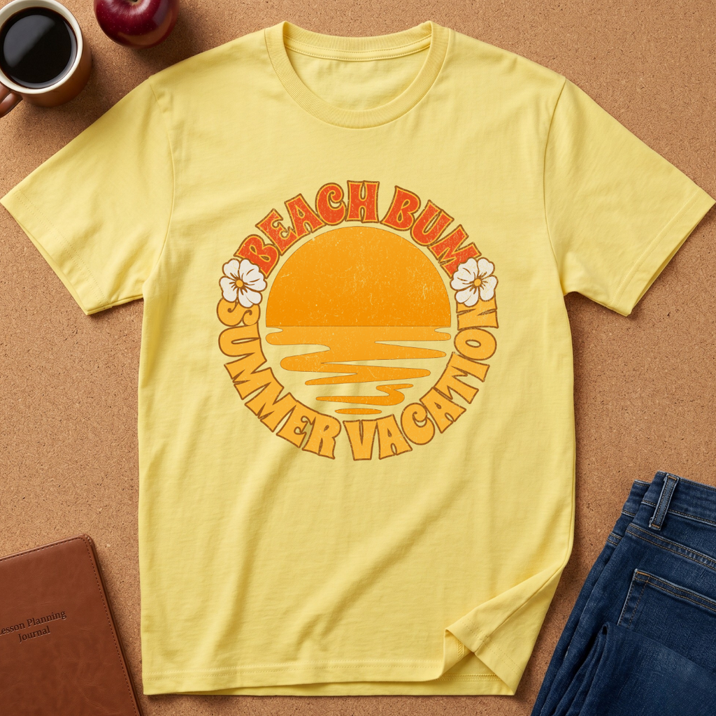 Light Yellow short-sleeve t-shirt laid flat on a cork background, featuring a retro-style yellow and orange graphic with the words 'BEACH BUM SUMMER VACATION' and small white flower illustrations.