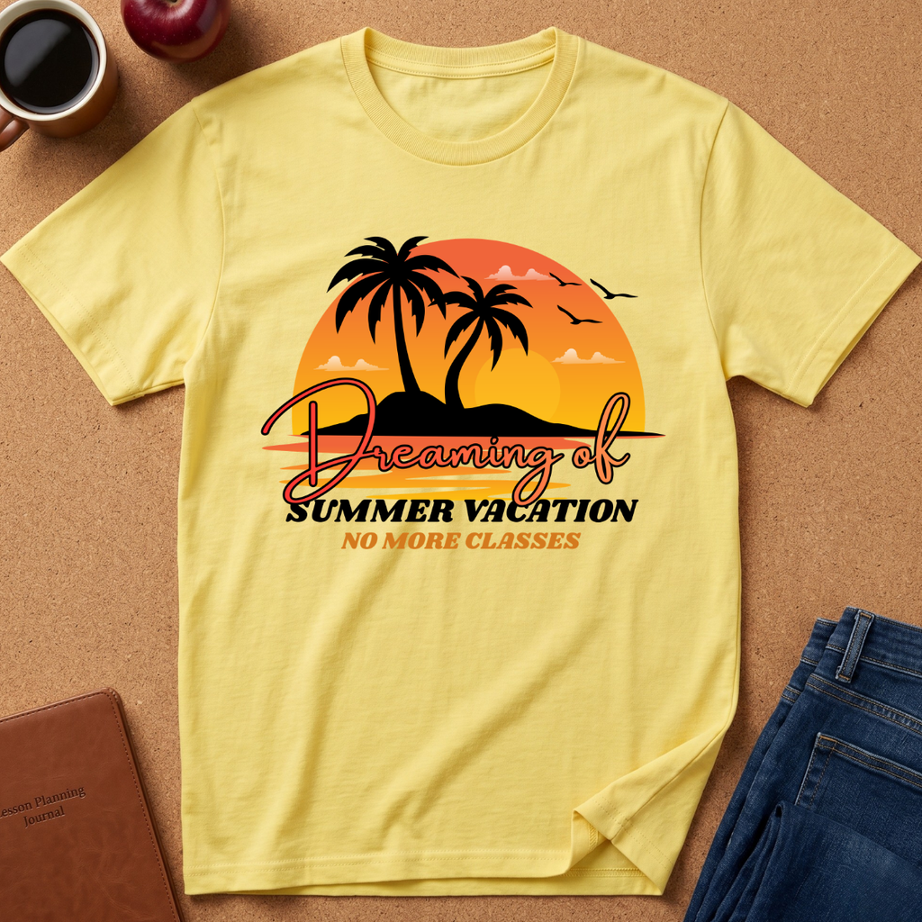 A pale yellow graphic T-shirt laid flat on a cork-like surface, surrounded by lifestyle props including a coffee mug, apple, notebook, and folded jeans. The shirt features a tropical sunset print with palm trees, birds, and the text 'Dreaming of Summer Vacation No More Classes.