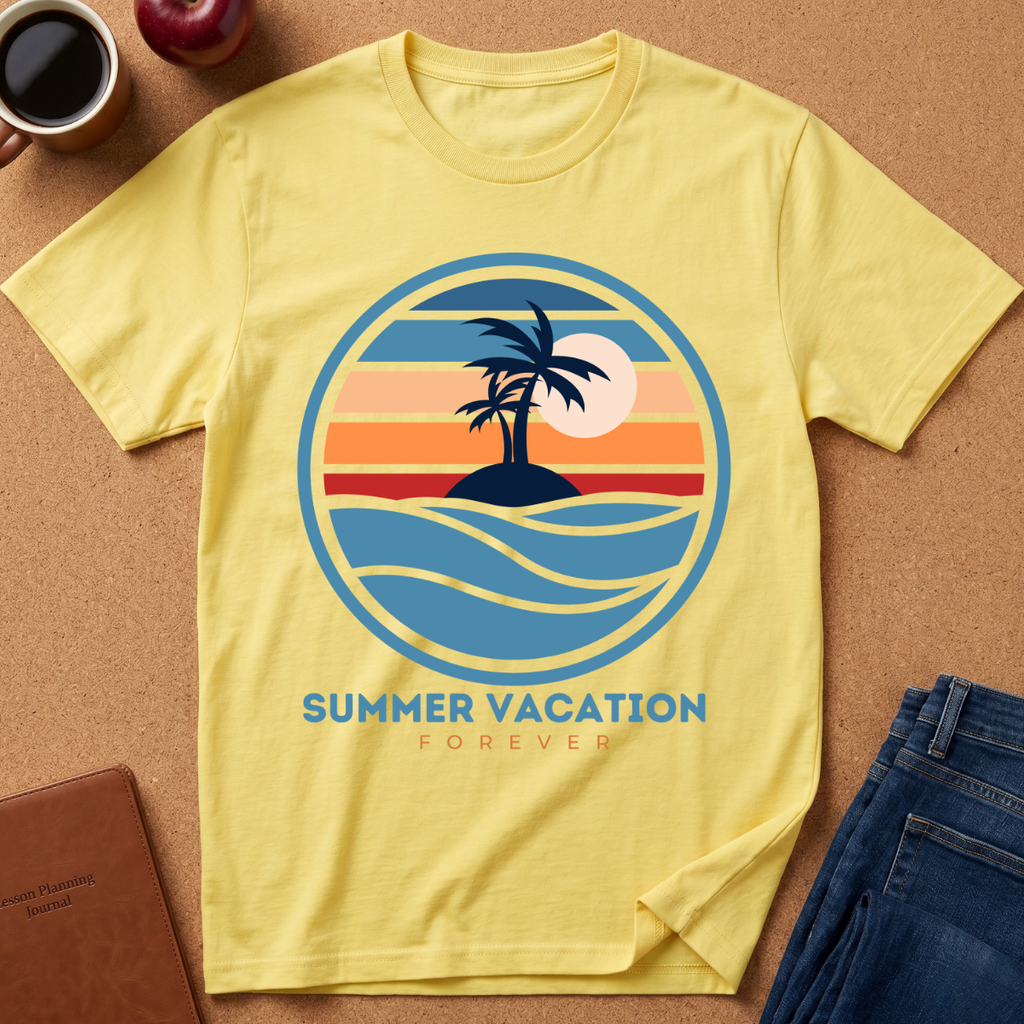 A pale yellow short-sleeve T-shirt laid flat on a cork-like surface, featuring a circular beach sunset graphic with a palm tree, waves, and the text 'SUMMER VACATION FOREVER.' Surrounding props include a coffee cup, apple, notebook, and folded jeans.