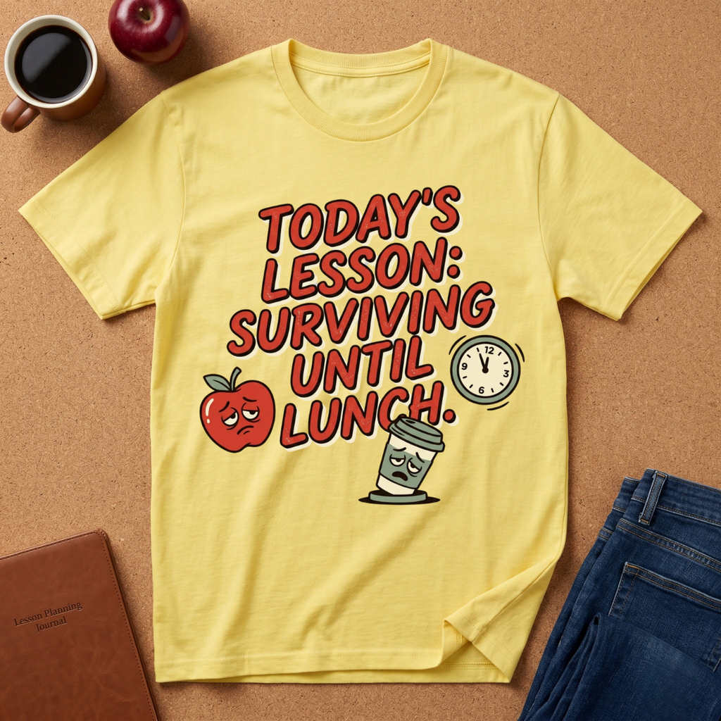 “Today’s Lesson: Surviving Until Lunch” Teacher T-Shirt — Cute School Humor Tee