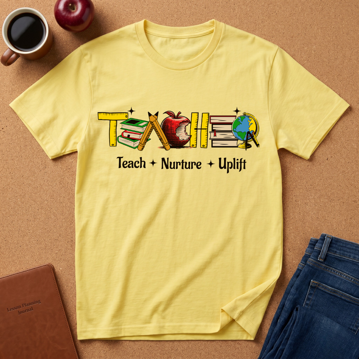 "Teach • Nurture • Uplift" Teacher T-Shirt -  School Apple & Books Tee