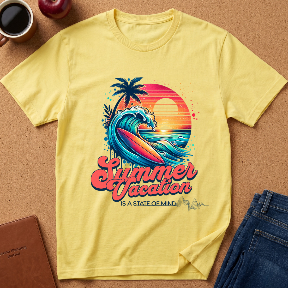 A yellow short-sleeve t-shirt with a colorful retro 'Summer Vacation' IS A STATE OF MIND graphic, laid flat on a cork background with lifestyle props including a coffee mug, apple, notebook, and jeans