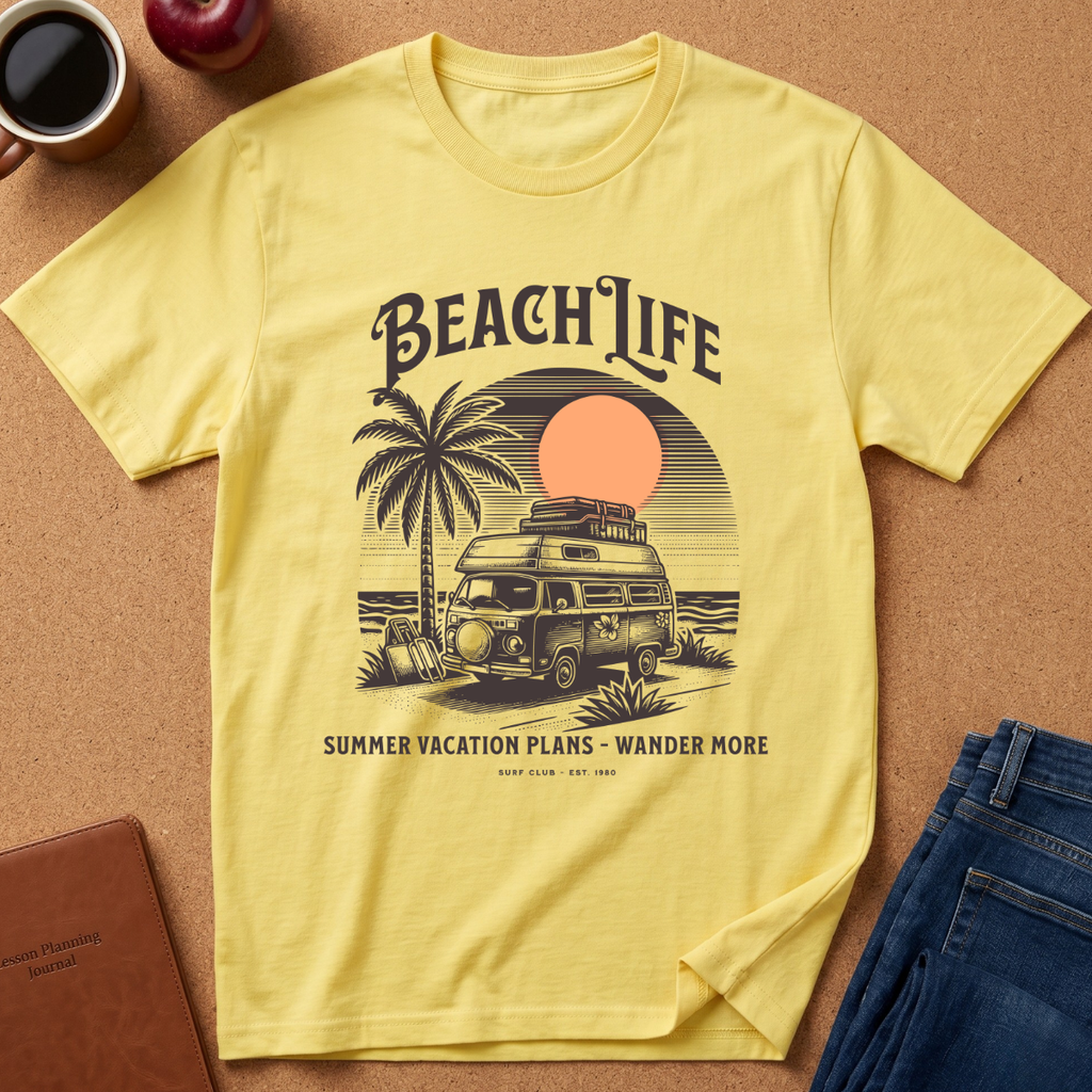 A pale yellow graphic T-shirt laid flat on a cork-like surface, surrounded by styled props including a coffee cup, apple, notebook, and blue jeans. The shirt features a retro beach-themed print with the words “BEACH LIFE,” a palm tree, a vintage camper van, and a sunset circle.