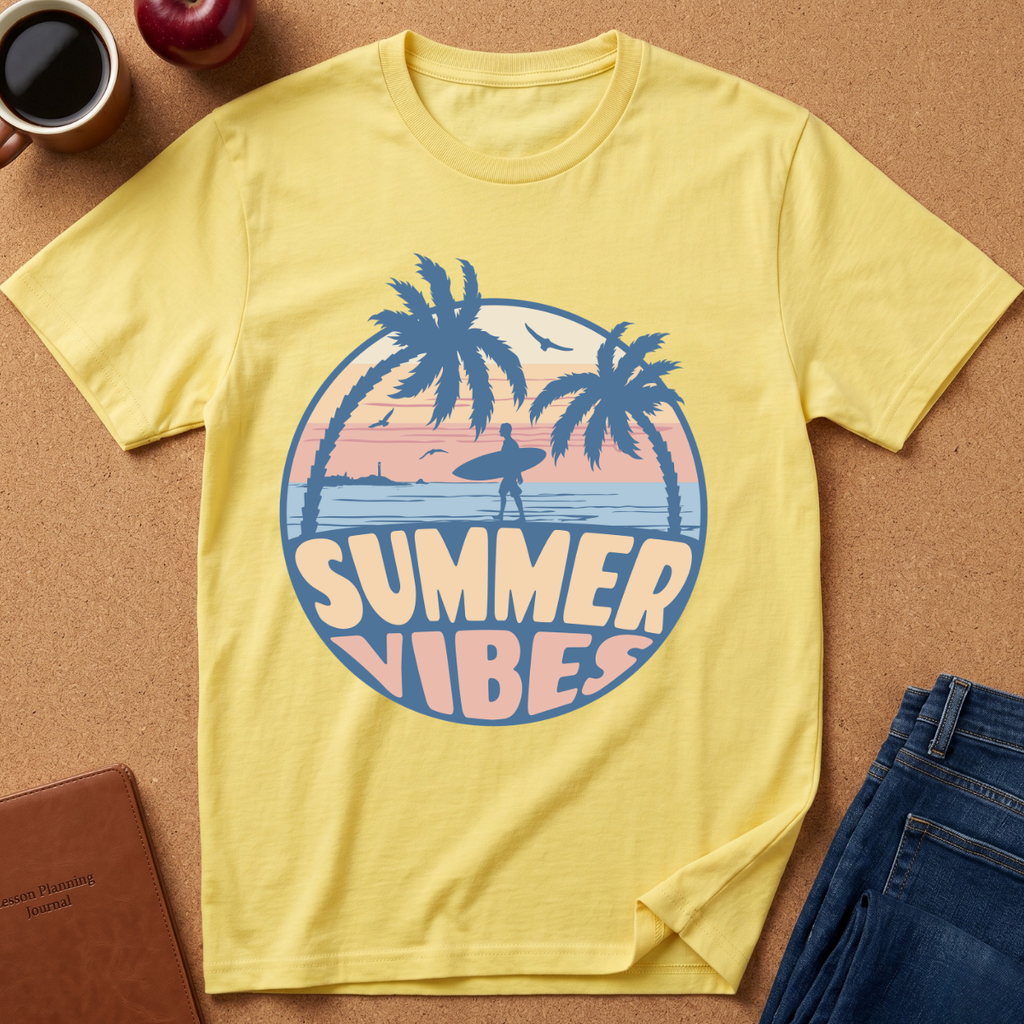 A yellow short-sleeve t-shirt with a retro circular graphic reading 'SUMMER VIBES' in blue and pink, featuring palm trees and a surfer silhouette, laid flat on a cork background with jeans, a coffee cup, and an apple as props.