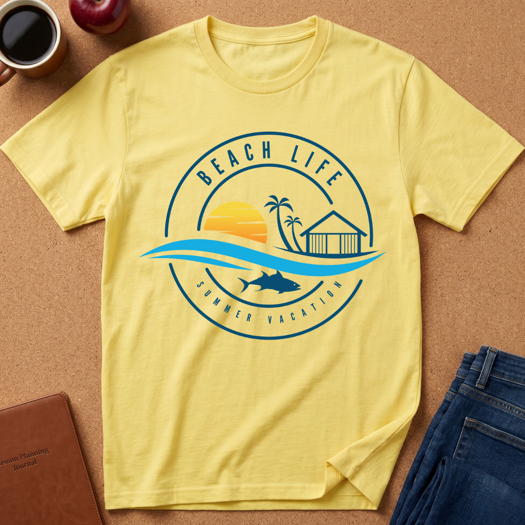 A pale yellow short-sleeve t-shirt laid flat on a cork-like surface, featuring a circular beach-themed graphic with the words 'BEACH LIFE' and 'SUMMER VACATION,' plus a sunset, palm trees, a beach house, waves, and a fish. Coffee cup, apple, notebook, and folded jeans are partially visible around it as styling props.