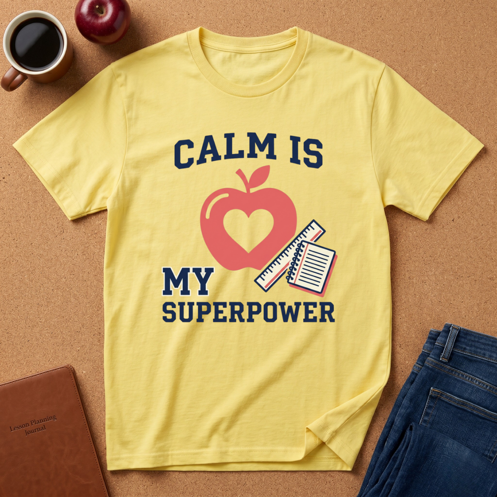 Yellow t-shirt with 'Calm is my superpower' design on a brown surface with coffee and an apple.