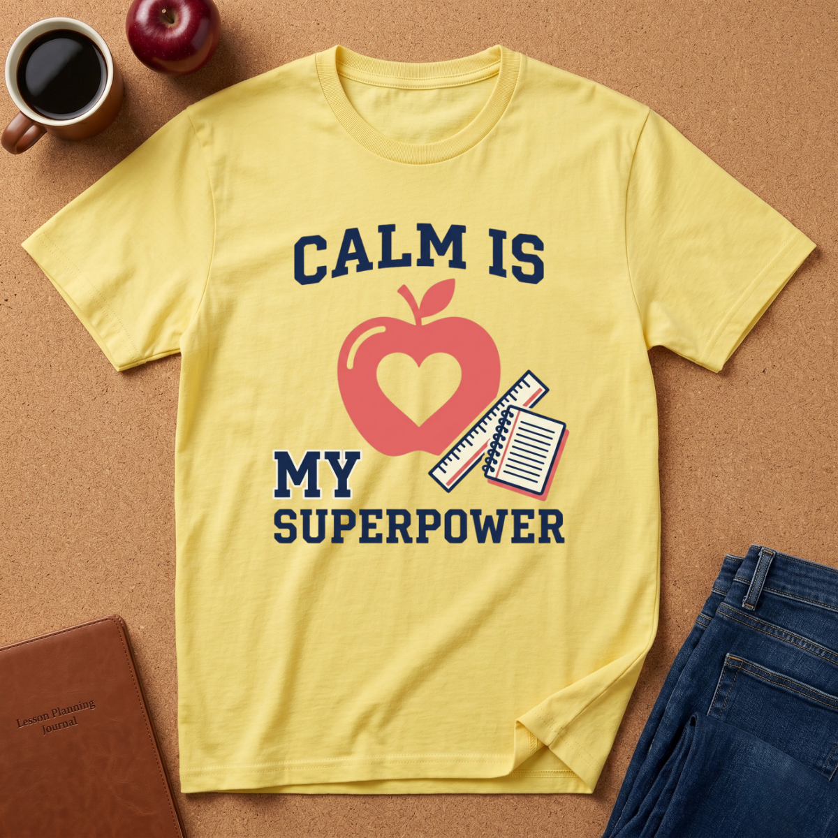 Yellow t-shirt with 'Calm is my superpower' design on a brown surface with coffee and an apple.