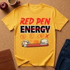 Daisy Yellow graphic t-shirt with 'Red Pen Energy' with '20/50, F minus, No, Fail and X" scattered with a red pen and crumpled paper graphic design on a brown surface with an apple, coffee, and jeans.