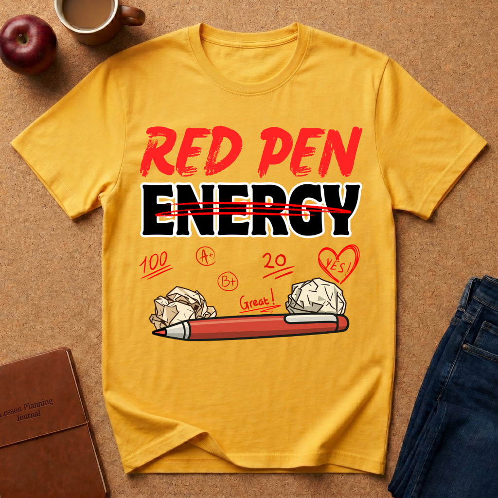 Yellow t-shirt with 'Red Pen Energy' and positive marks graphic on a brown surface with an apple, coffee cup, and jeans.