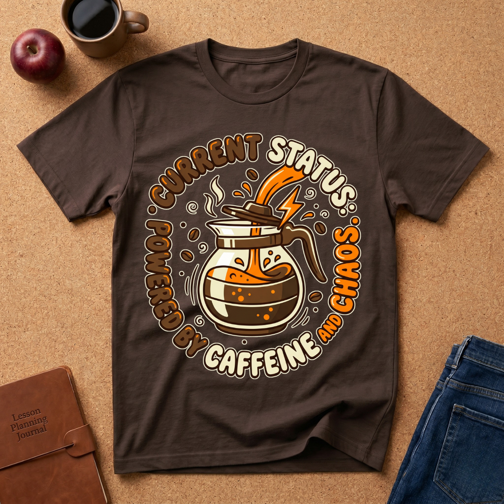 Brown graphic t-shirt says "Current Status, Powered by Caffeine and Chaos" with coffee-themed graphic and text on a brown surface with a coffee cup, apple, and jeans.