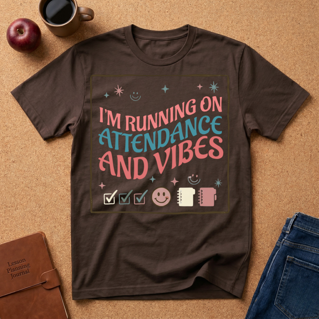 Brown t-shirt with colorful text and graphics on a brown surface with an apple, coffee cup, and jeans. I'm running on Attendance and Vibes.