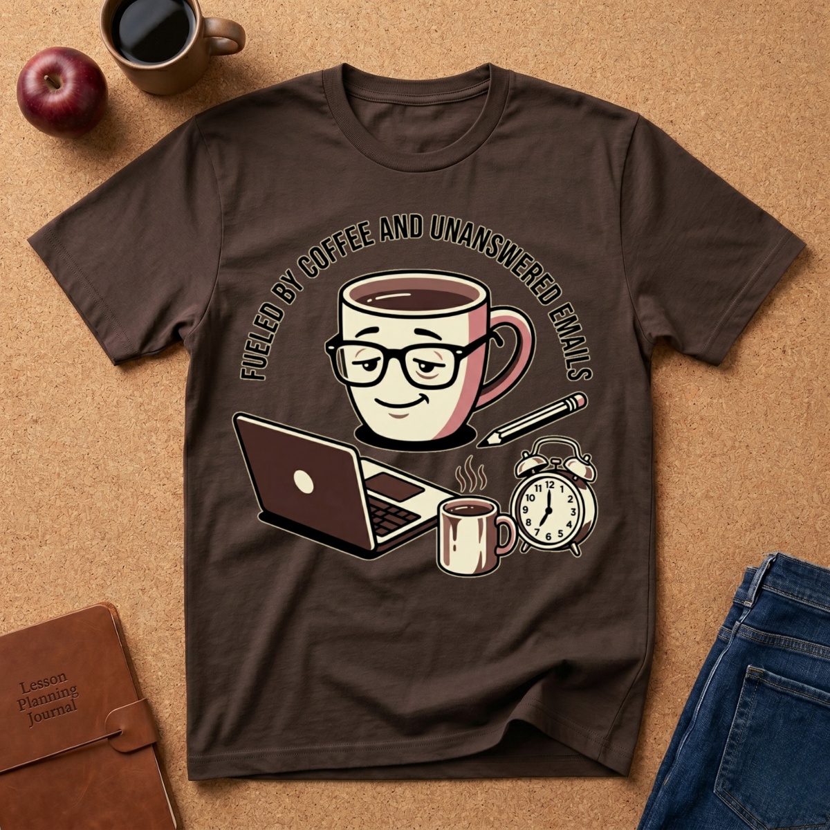 Brown Graphic t-shirt says 'Fueled by coffee an unanswered emails', with coffee-themed graphic on a brown surface with a coffee cup and apple.
