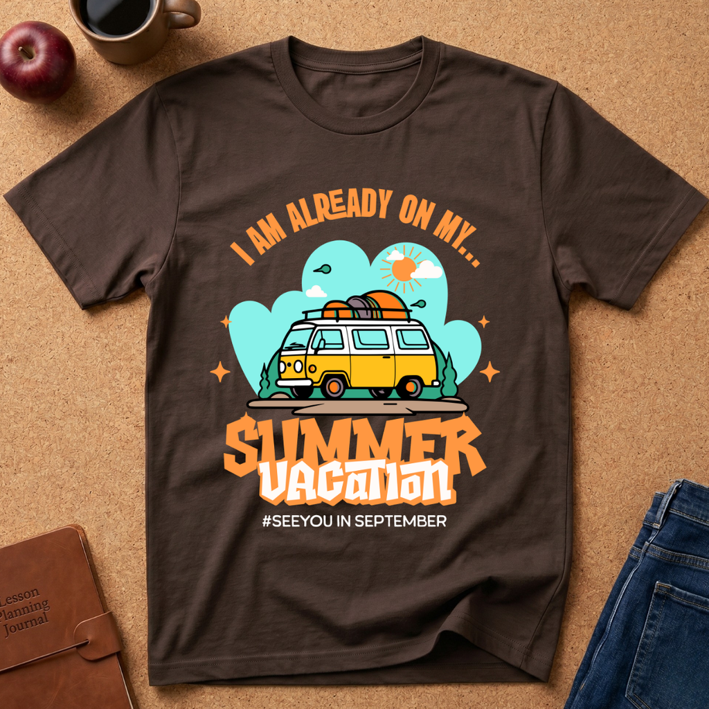 A dark brown  graphic t-shirt laid flat on a cork surface, surrounded by lifestyle props including a brown leather journal, an apple, a coffee cup, and folded blue jeans. The t-shirt features a retro-style graphic of a yellow and white van with a surfboard on its roof, set against a light blue cloud background with the text 'I AM ALREADY ON MY sUMMER VACATION. #SEEYOUINSEPTEMBER