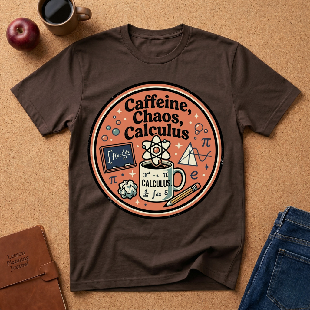 Brown t-shirt with 'Caffeine, Chaos, Calculus' graphic design on a brown surface with a coffee cup and apple.