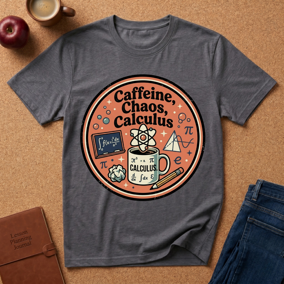 Gray t-shirt with 'Caffeine, Chaos, Calculus' design on a brown surface with an apple, coffee cup, and jeans.