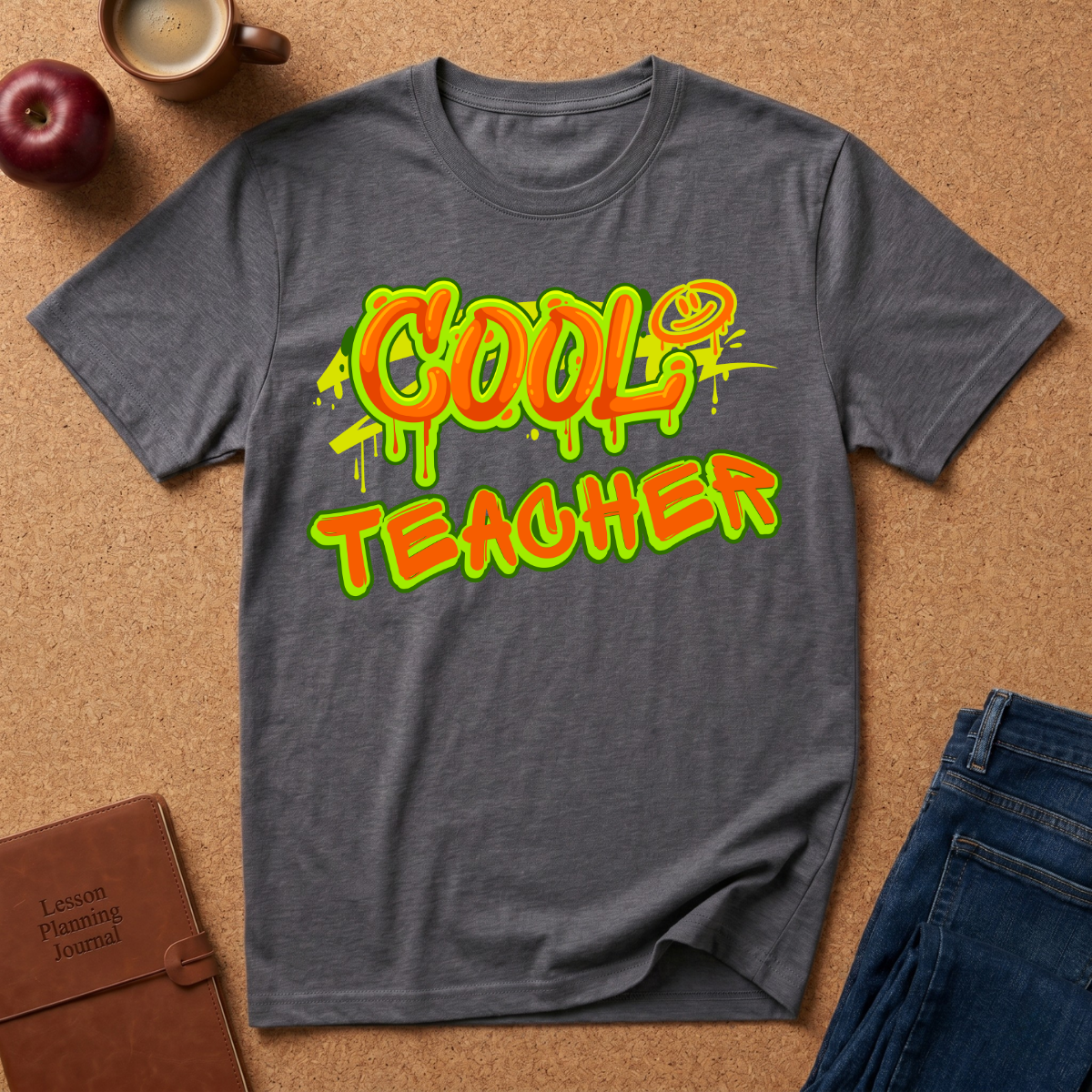 Gray t-shirt with 'Cool Teacher' text on a brown surface with a coffee cup, apple, and notebook.
