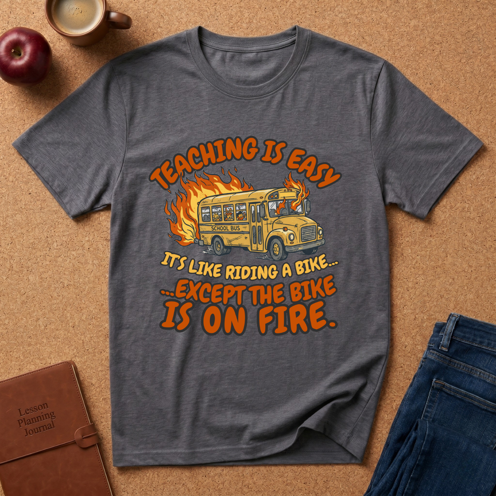 Gray t-shirt with a humorous design of a school bus on fire, text, and casual items like an apple and notebook on a brown background. Says Teaching is easy It's like riding a bike.. except the Bike is on fire.