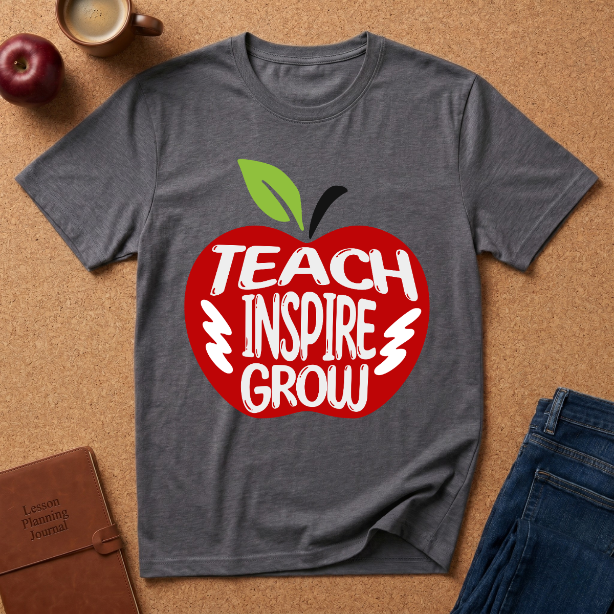 A dark gray heather t-shirt laid flat on a cork background, featuring a red apple graphic with the words 'TEACH INSPIRE GROW' in white. The shirt is styled with a brown notebook, an apple, a coffee mug, and blue jeans.