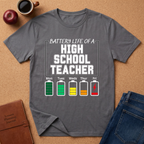 Gray t-shirt with 'Battery Life of a High School Teacher' graphic on a brown surface with a coffee cup, apple, and notebook.