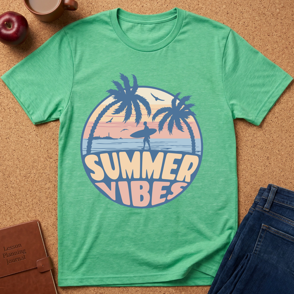 A green short-sleeve t-shirt laid flat on a cork surface, featuring a retro circular graphic with palm trees, a surfer silhouette, and the words 'SUMMER VIBES' in pastel colors. Styled flat-lay props include an apple, a coffee cup, a brown journal, and blue jeans.