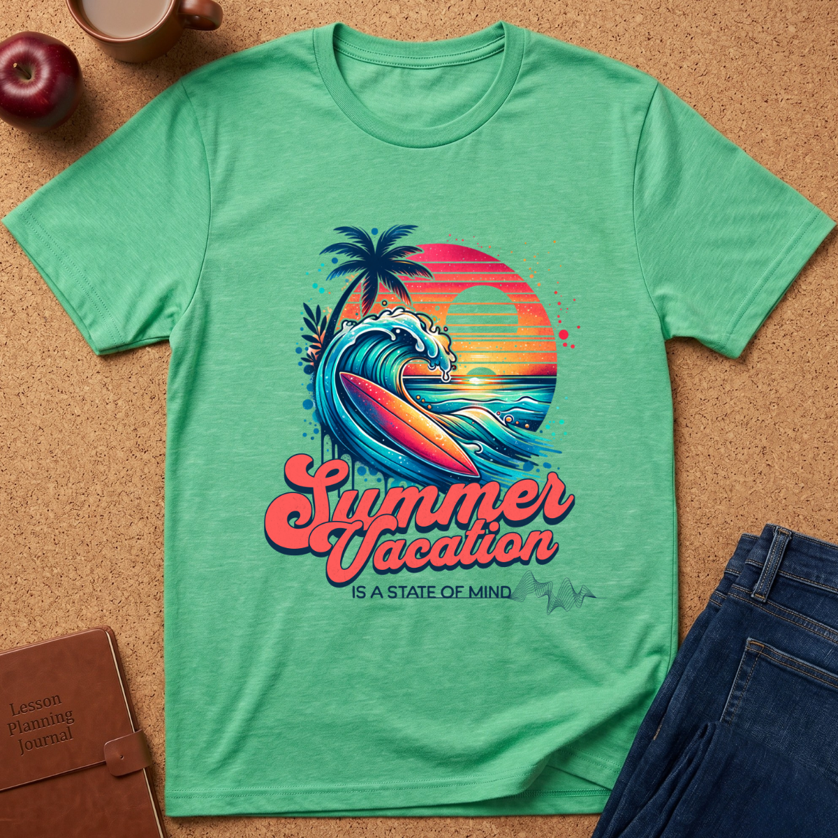 A mint green short-sleeve t-shirt laid flat on a cork background, featuring a colorful retro graphic of a surfer wave, palm tree, and sunset with the text 'Summer Vacation IS A STATE OF MIND.' Blue jeans, an apple, a notebook, and a mug are partially visible around the shirt as styling props.