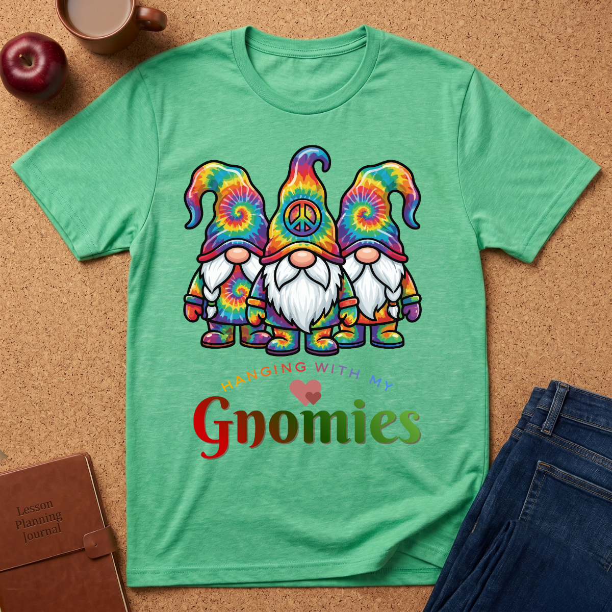 Heather Green t-shirt says Haning with my Gnomies with 3 cartoon style cute gnome characters wearing tye dyed clothes and hats.  
