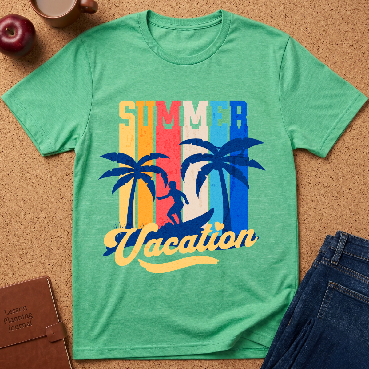 A green heather short-sleeve t-shirt laid flat on a cork background, featuring a retro-style 'Summer Vacation' graphic with colorful vertical stripes, palm trees, and a silhouette of a person in a boat. Styled flat-lay props include an apple, a coffee cup, a brown journal, and blue jeans.