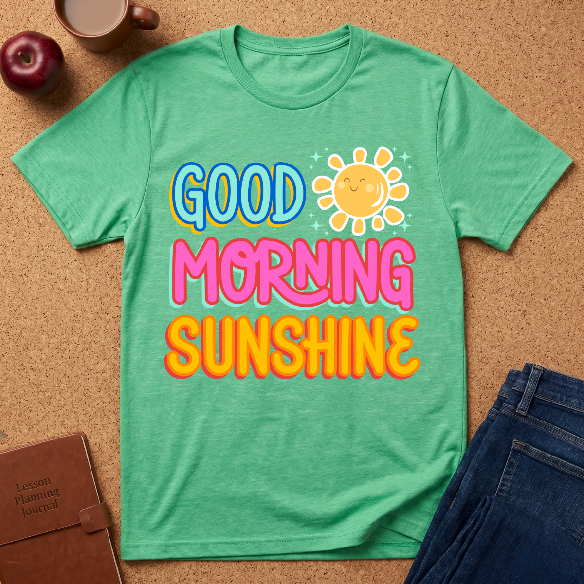 Green t-shirt with 'Good Morning Sunshine' text on a cork surface with an apple, mug, and jeans.
