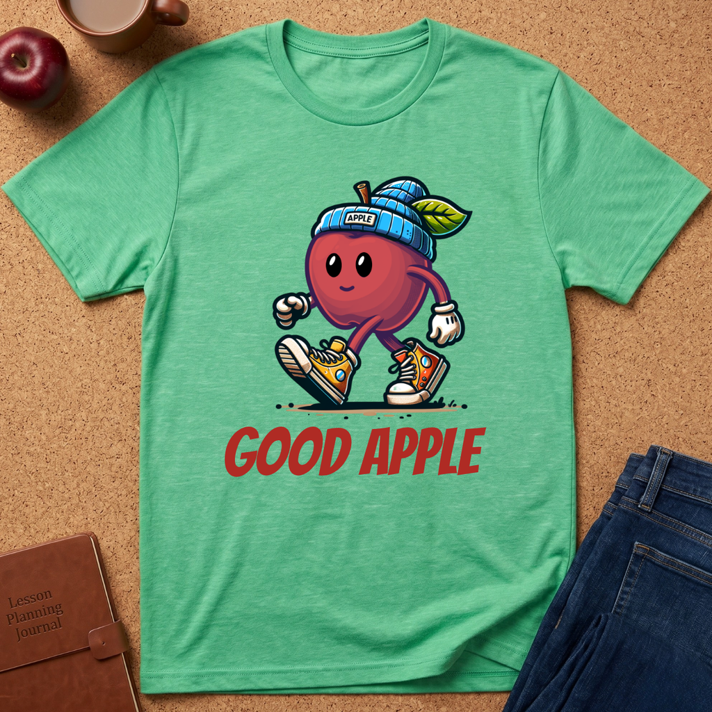 A mint green heather t-shirt laid flat on a cork background, featuring a cartoon graphic of a red apple wearing a blue beanie and sneakers, with the text 'GOOD APPLE' printed below in red. Styled flat-lay props include an apple, a coffee cup, a brown journal, and blue jeans.