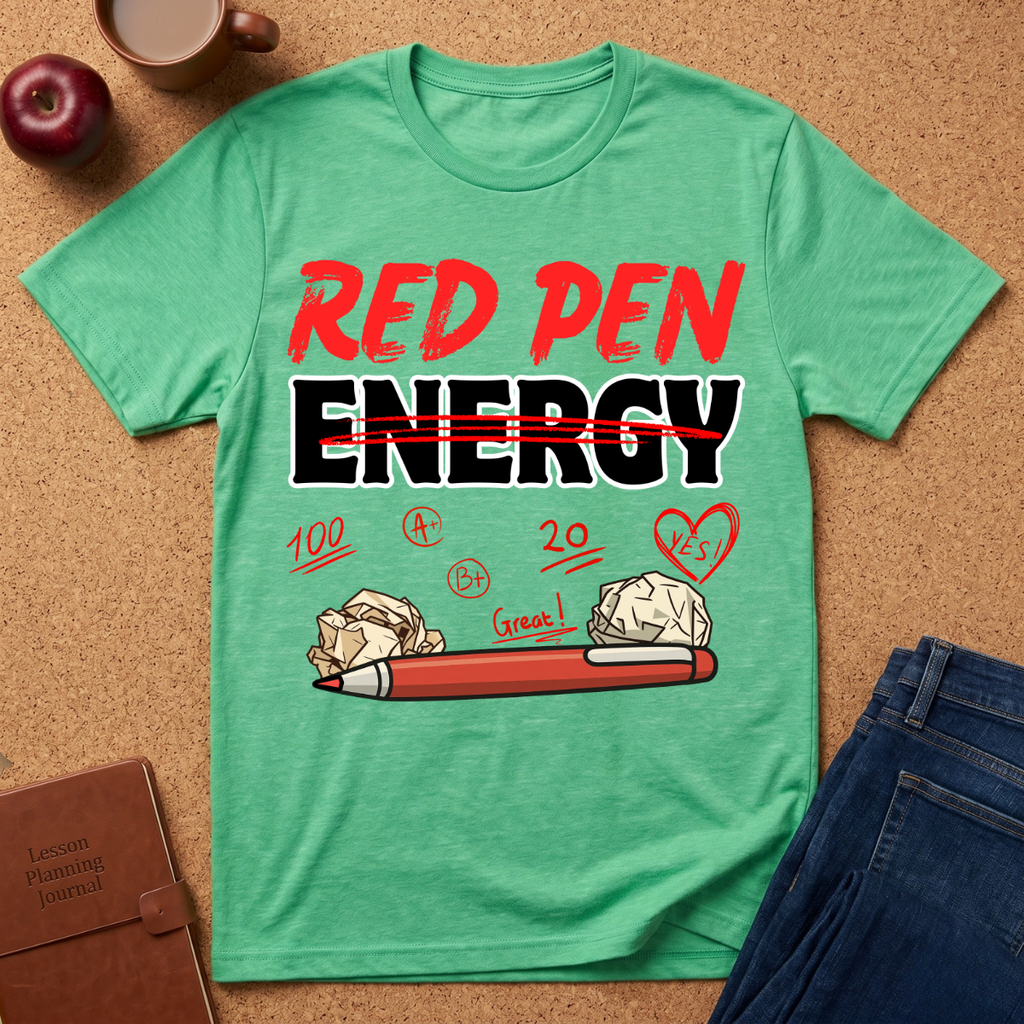 Green t-shirt with 'Red Pen Energy' and positive marks graphic on a corkboard background