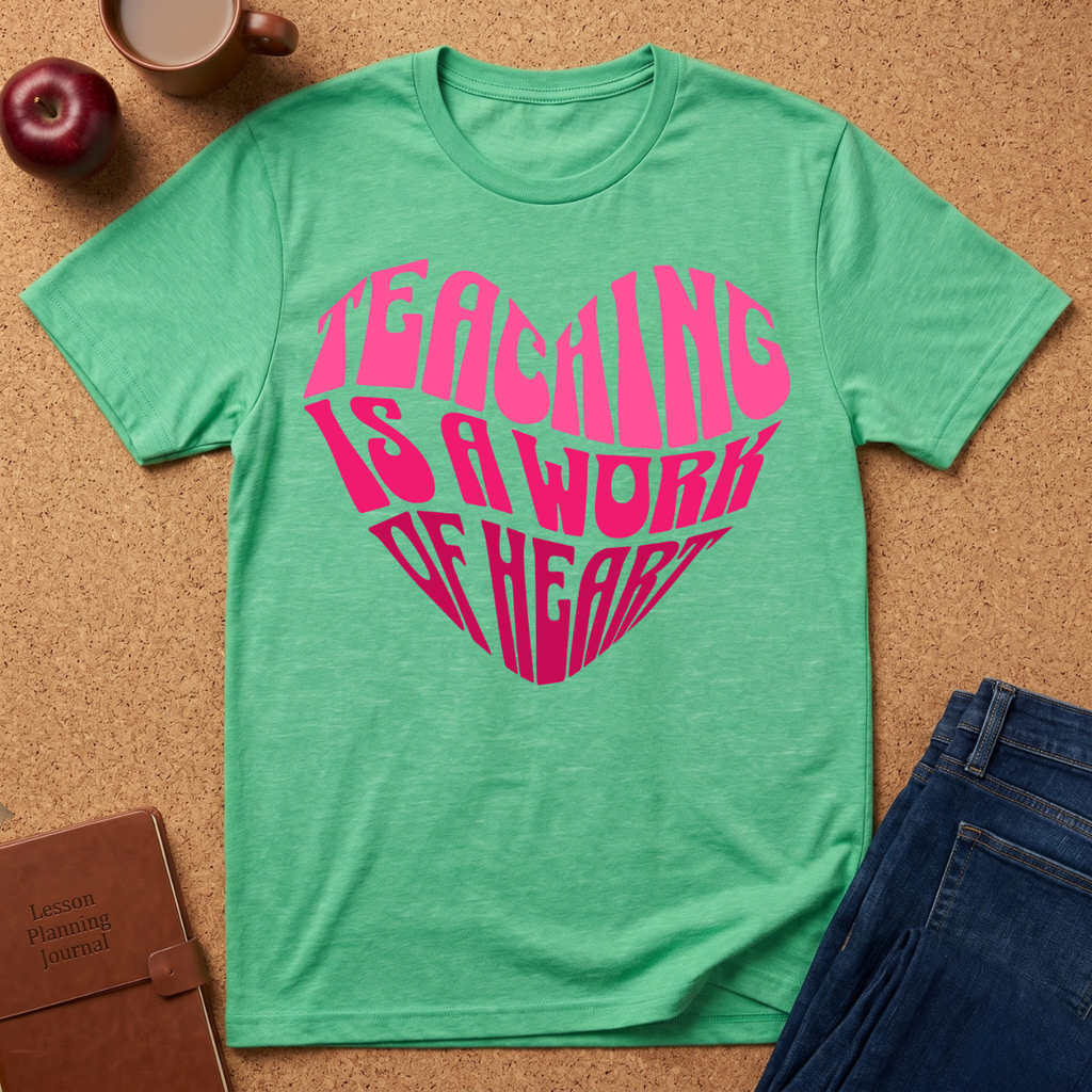 "Teaching Is A Work Of Heart" T-Shirt - Heart Graphic Teacher Tee