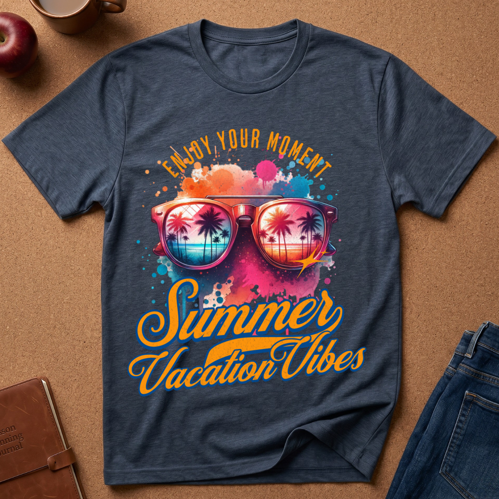 A navy blue graphic t-shirt laid flat on a brown cork background, surrounded by lifestyle props like jeans, a leather notebook, an apple, and a coffee mug. The t-shirt features a colorful graphic of sunglasses with palm tree reflections and the text 'ENJOY YOUR MOMENT Summer Vacation Vibes' in yellow and orange.