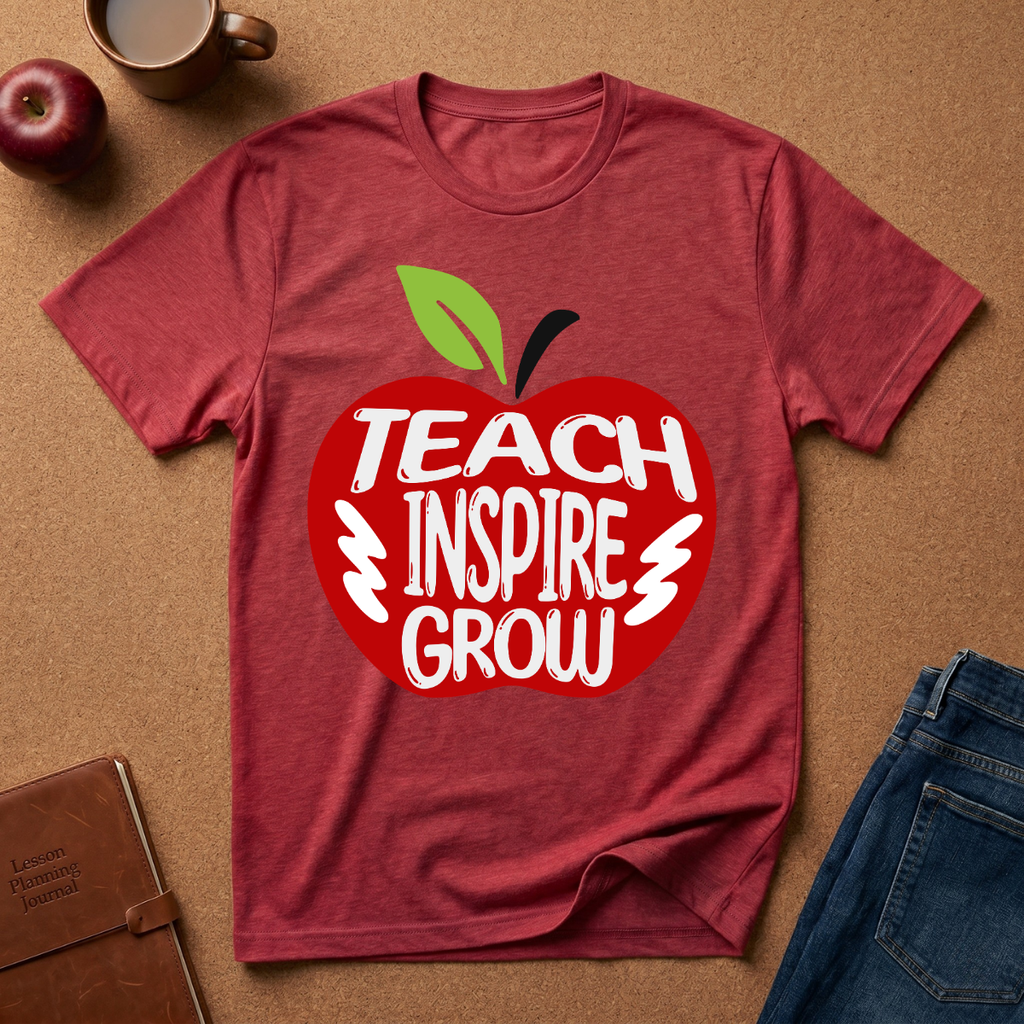 A heathered red short-sleeve t-shirt laid flat on a brown cork-like surface, featuring a large red apple graphic with the words 'TEACH INSPIRE GROW' in white and a green leaf. A coffee mug, apple, notebook, and folded jeans are placed around it as styling props.