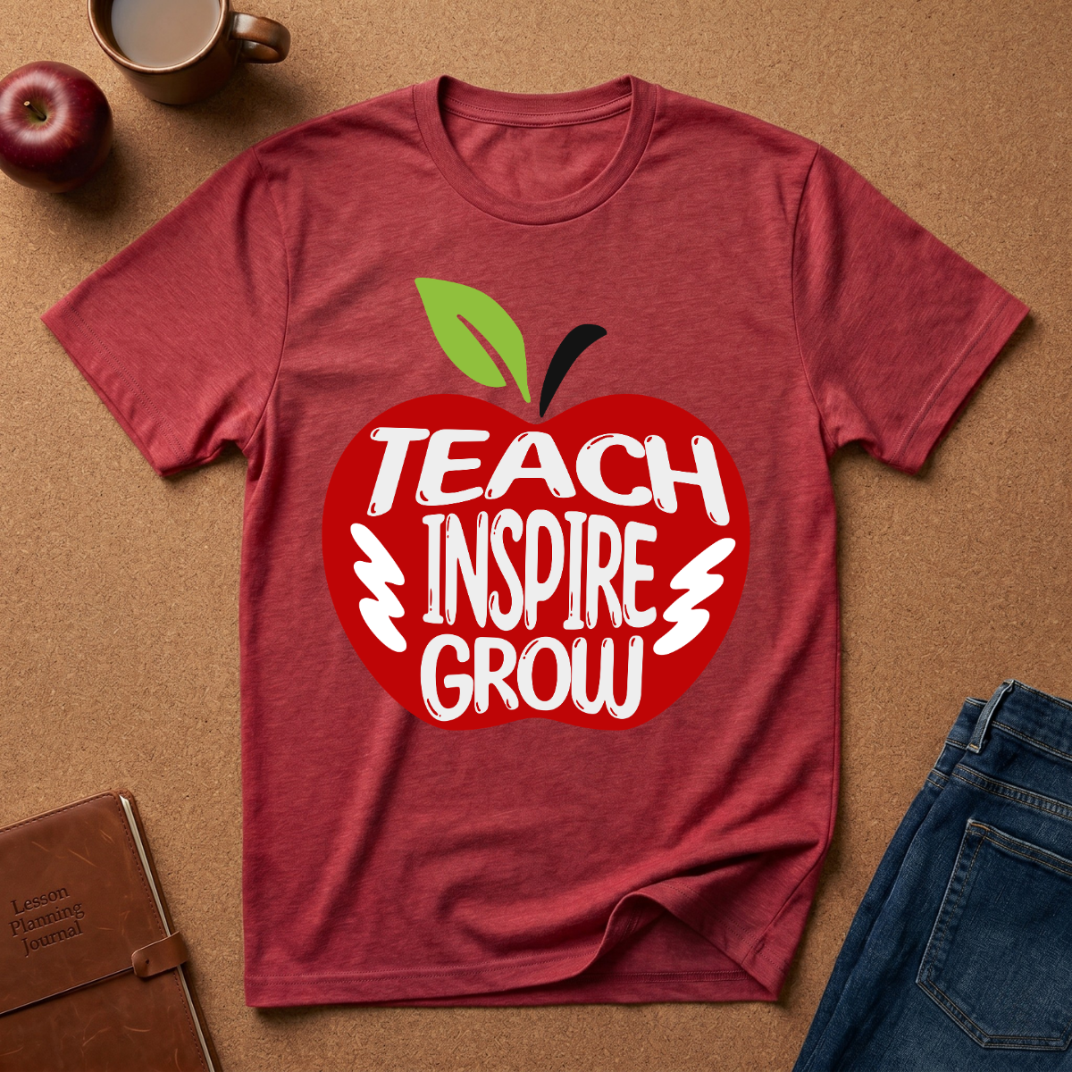 A heathered red short-sleeve t-shirt laid flat on a brown cork-like surface, featuring a large red apple graphic with the words 'TEACH INSPIRE GROW' in white and a green leaf. A coffee mug, apple, notebook, and folded jeans are placed around it as styling props.