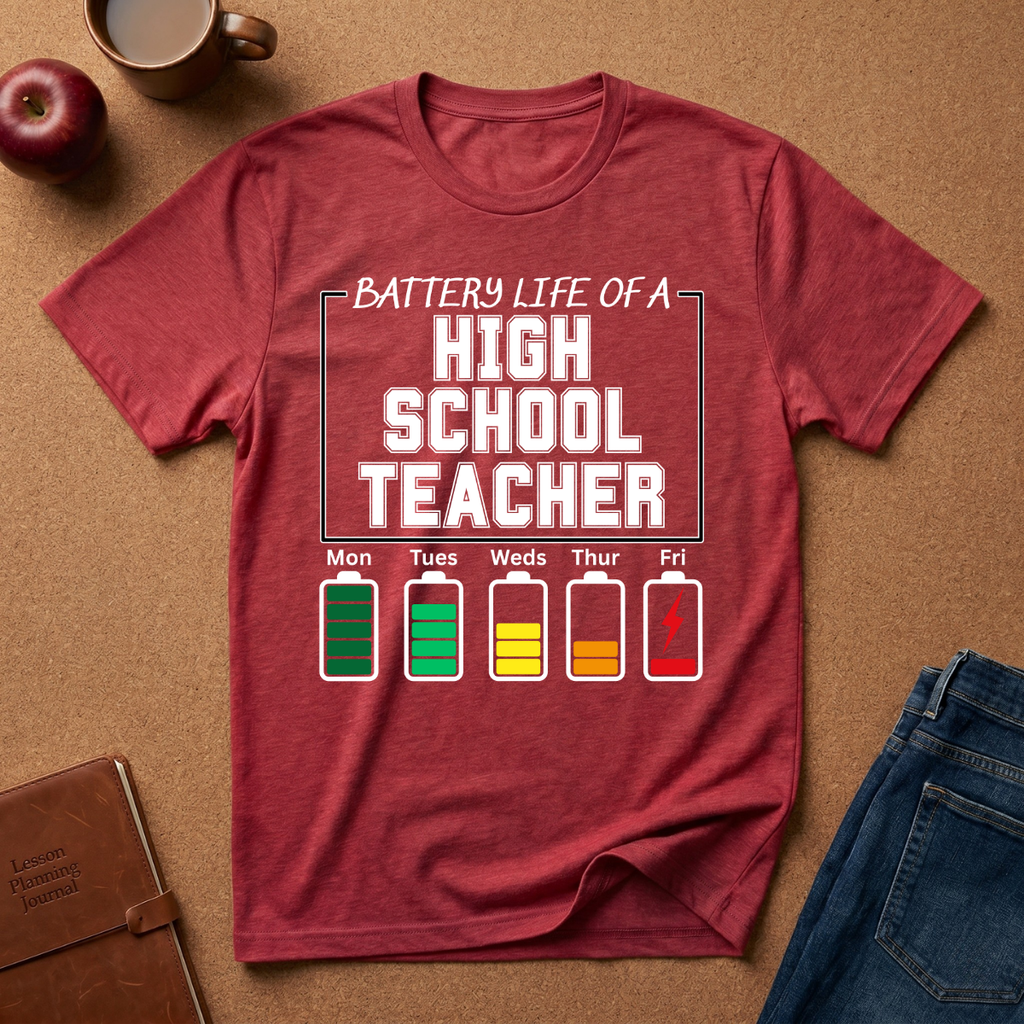 Red t-shirt with 'Battery Life of a High School Teacher' graphic on a brown surface with an apple, mug, and jeans.