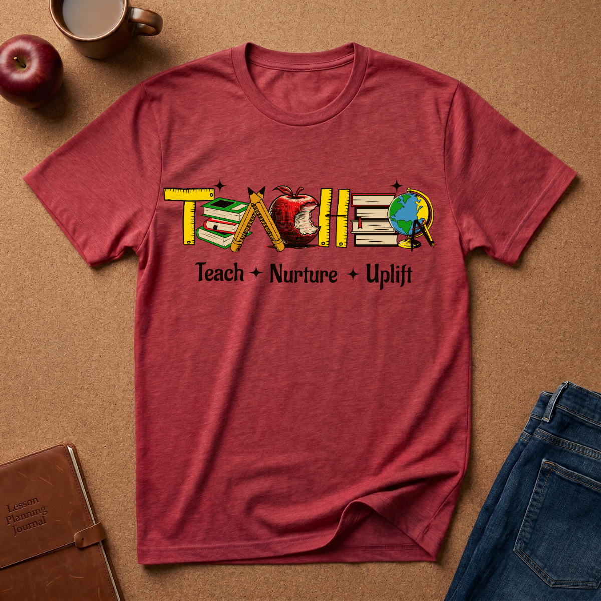 "Teach • Nurture • Uplift" Teacher T-Shirt -  School Apple & Books Tee