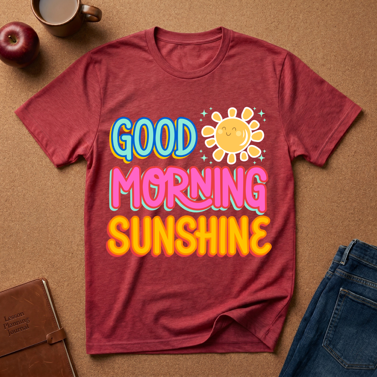 Maroon t-shirt with 'Good Morning Sunshine' text and sun graphic on a brown surface with an apple, mug, and jeans.