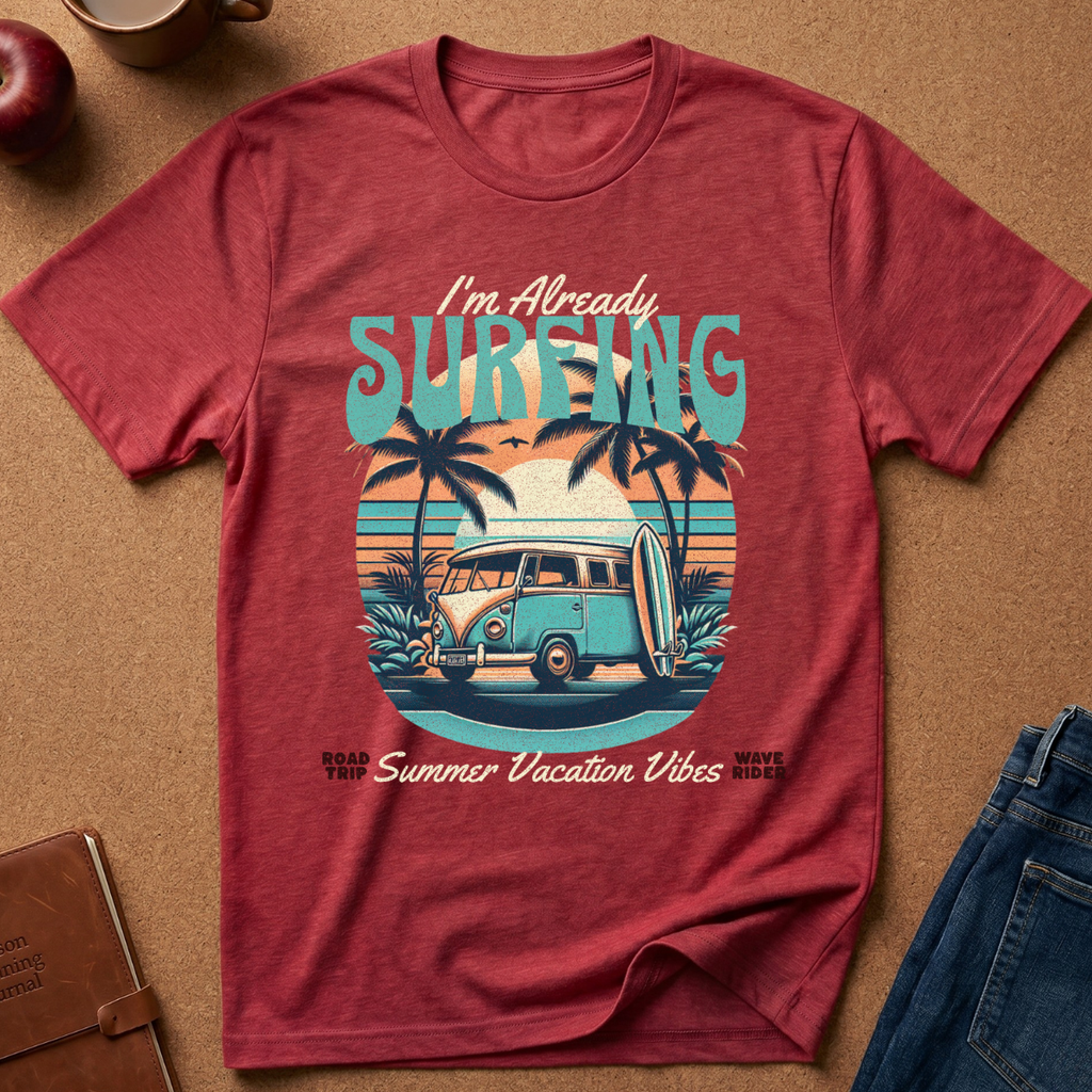 A heathered red graphic t-shirt laid flat on a brown cork background, featuring a retro-style illustration of a blue and cream van with a surfboard, palm trees, and the text 'I'm Already SURFING' and 'Dead Trip Summer Vacation Vibes Wave Rides'.