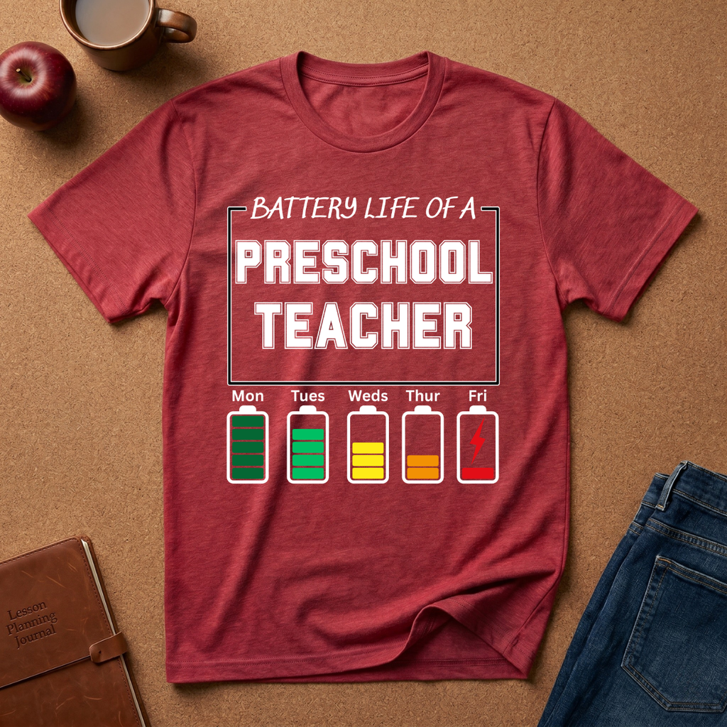 Maroon t-shirt with 'Battery Life of a Preschool Teacher' graphic on a brown surface with a coffee cup, apple, and jeans.
