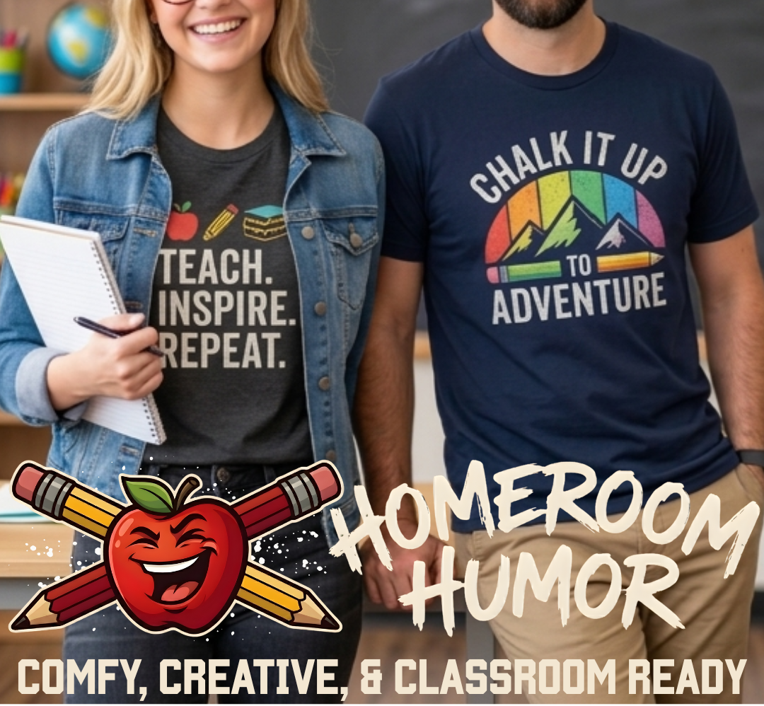 Two teachers in a classromm wearing Homeroom Humor t shirts.