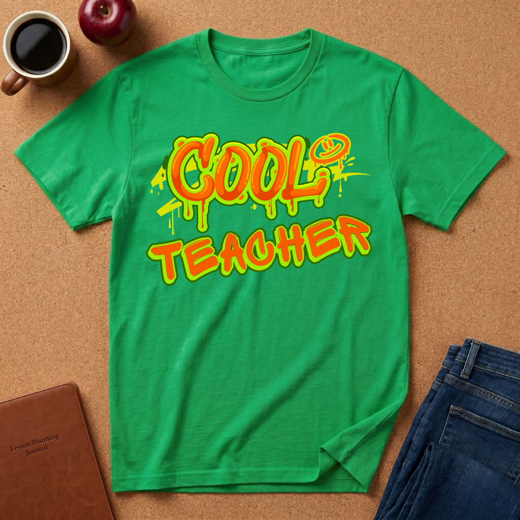 Green t-shirt with 'Cool Teacher' text on a brown surface with a coffee cup and apple.