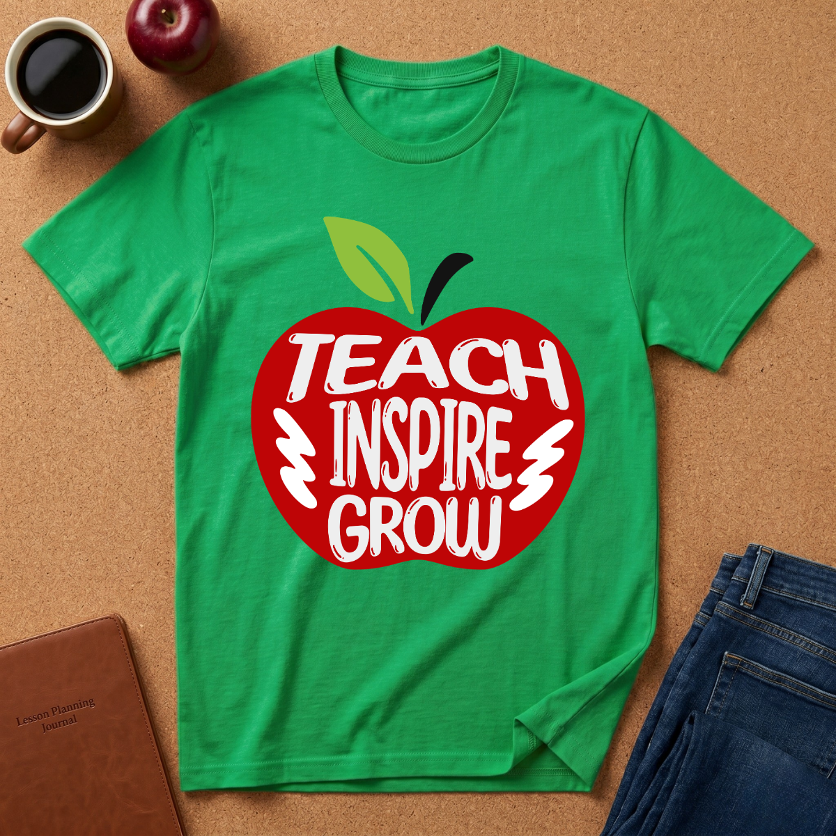 A green short-sleeve T-shirt laid flat on a cork surface, featuring a large red apple graphic with the words 'TEACH INSPIRE GROW' in white. Surrounding props include a coffee cup, an apple, a notebook, and folded blue jeans.