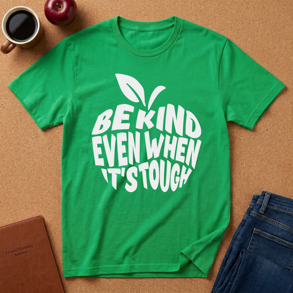 A bright green short-sleeve t-shirt with a white graphic of an apple and the text 'BE KIND EVEN WHEN IT'S TOUGH' laid flat on a cork background with lifestyle props including a coffee mug, apple, notebook, and jeans.