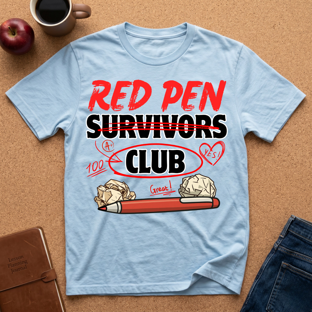 Light blue t-shirt with 'Red Pen Survivors Club' design on a brown surface with an apple, coffee, and jeans.