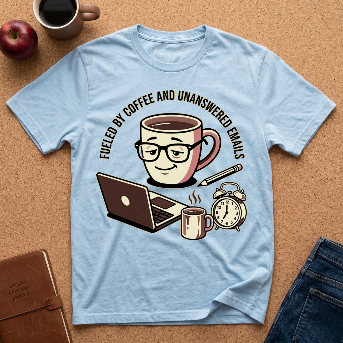 Light blue Graphic t-shirt says 'Fueled by coffee an unanswered emails', with coffee-themed graphic on a brown surface with coffee and an apple.