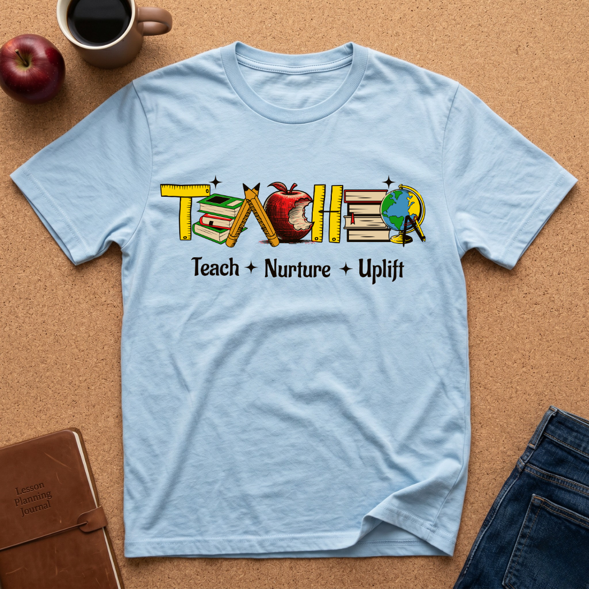 "Teach • Nurture • Uplift" Teacher T-Shirt -  School Apple & Books Tee