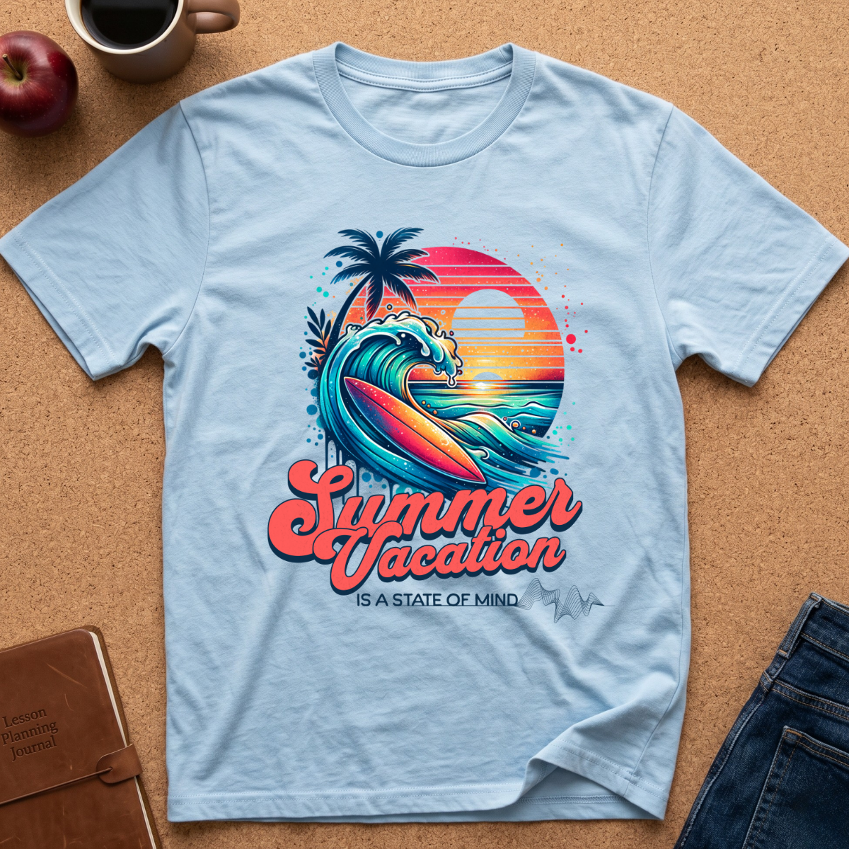 A light blue short-sleeve t-shirt laid flat on a cork board background, featuring a colorful retro-style graphic with a surfboard, palm tree, ocean wave, sunset, and the text 'Summer Vacation IS A STATE OF MIND.' Partial props around it include an apple, mug, notebook, and jeans.